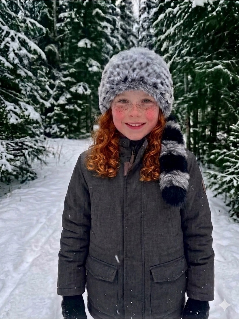 KIDS FAUX FUR RACCOON CAP with Black
& Gray Tail